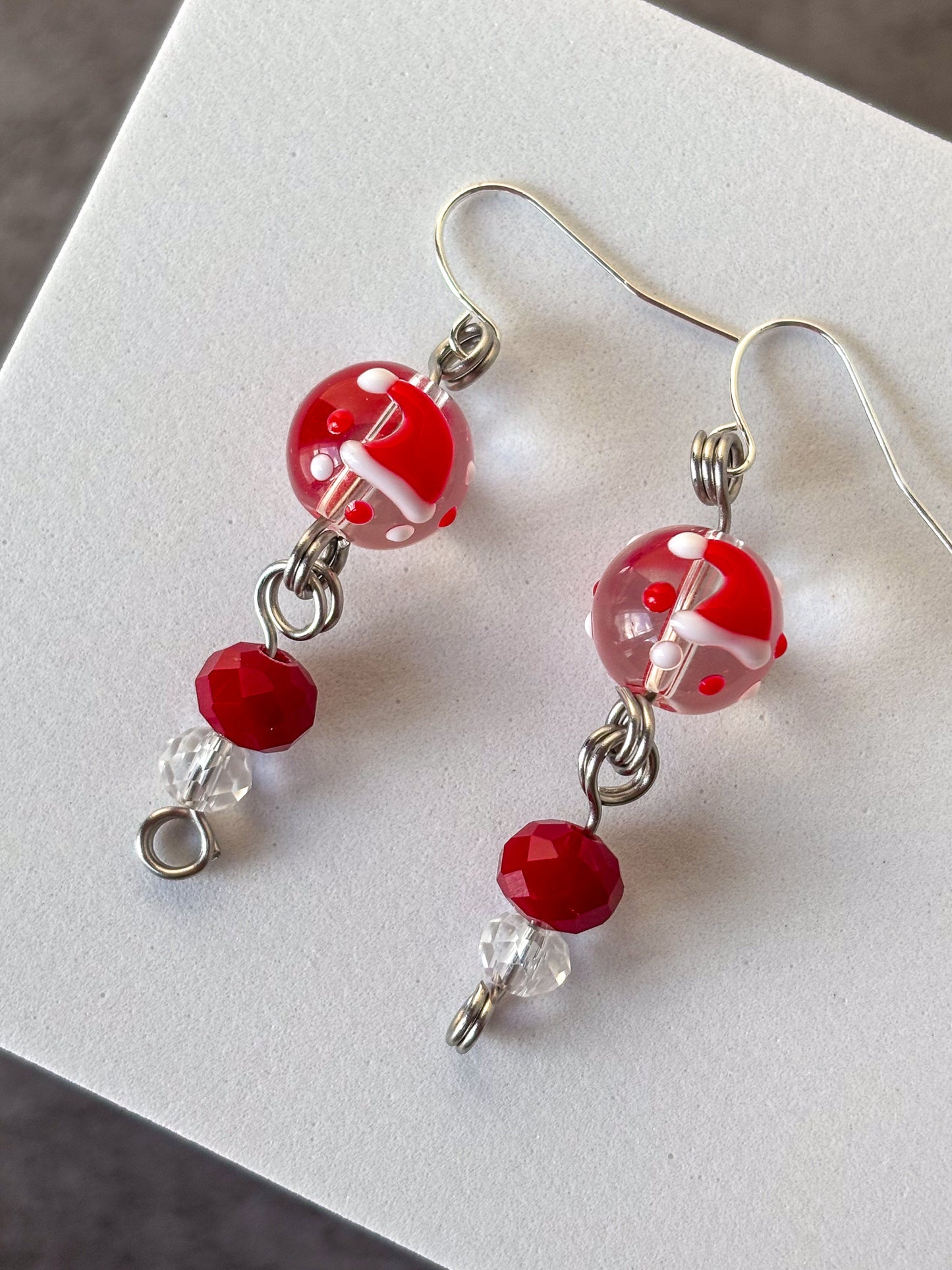 Santa Hat Red Silver Glass Beaded Earrings