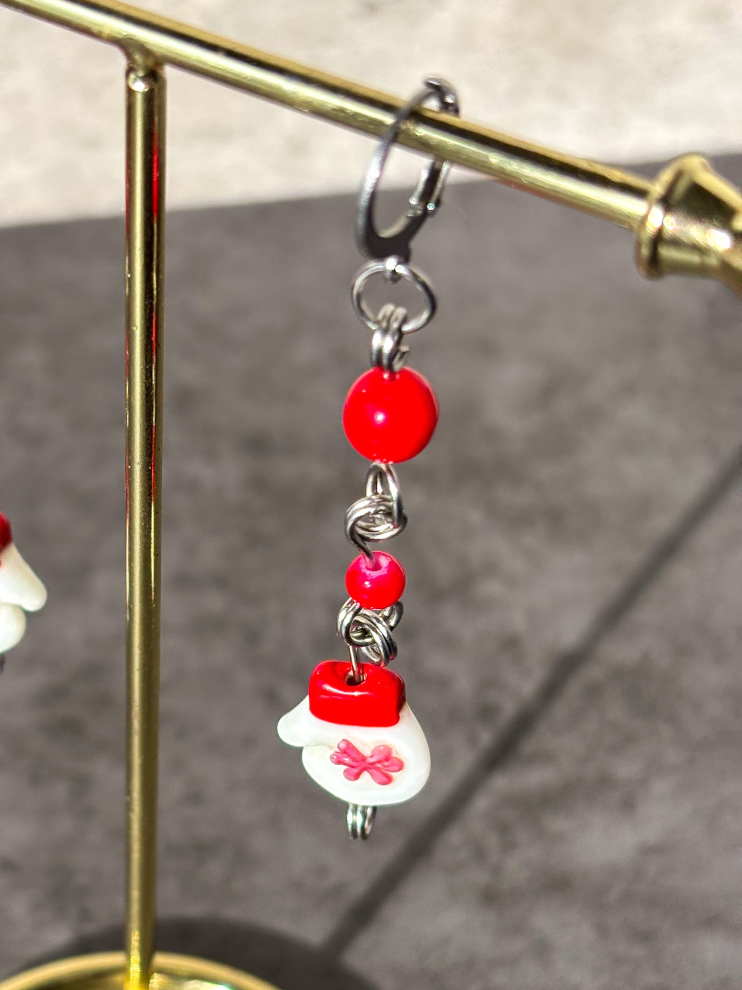 Red Silver Mitten Glove Glass Earrings