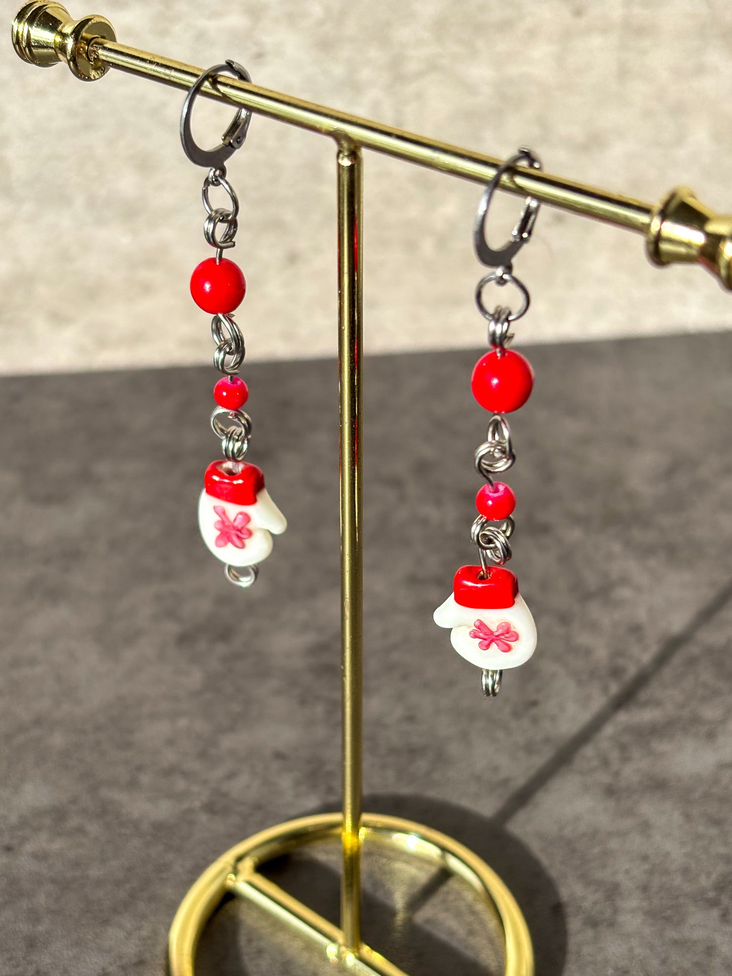 Red Silver Mitten Glove Glass Earrings