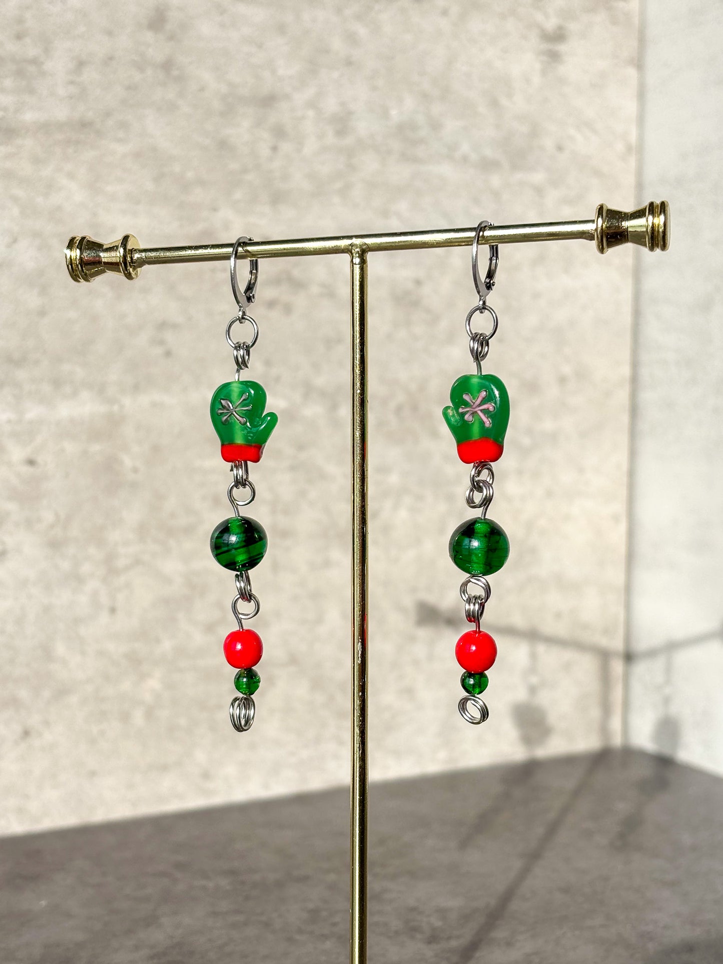Green Red Silver Glass Mitten Glove Earrings