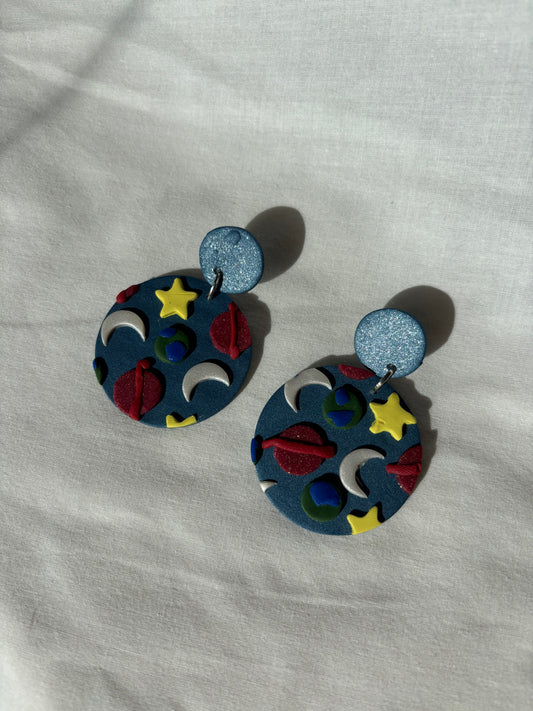 Moon Stars Planets Space Polymer Clay Earring Dangle Studs