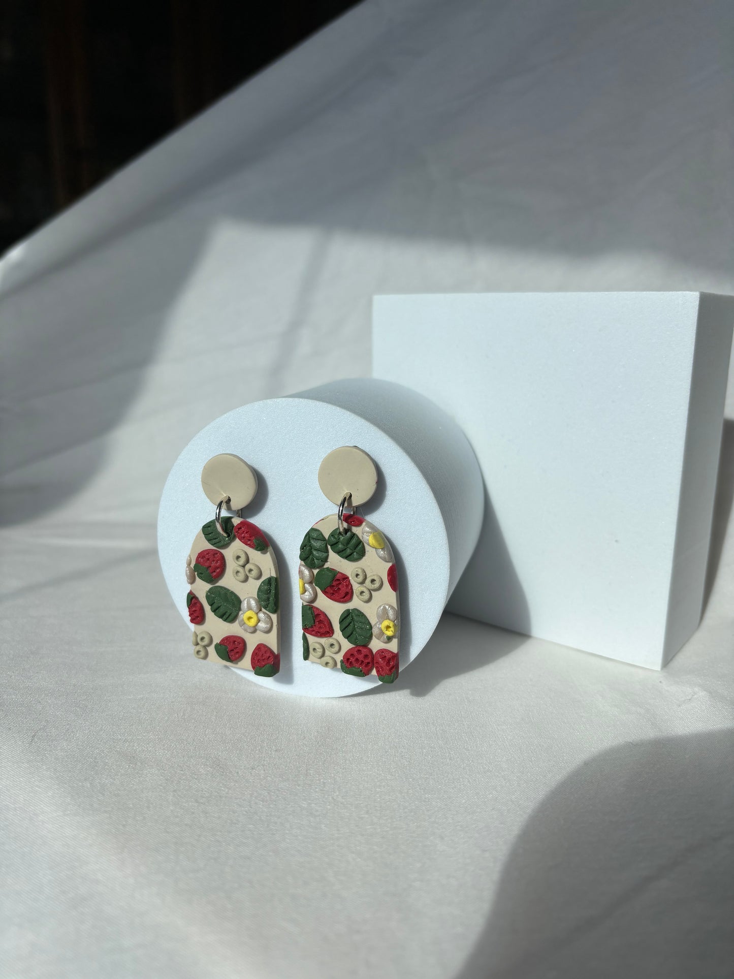 Strawberries, Flowers, Daisies Handmade Polymer Clay Dangle Stud Earrings