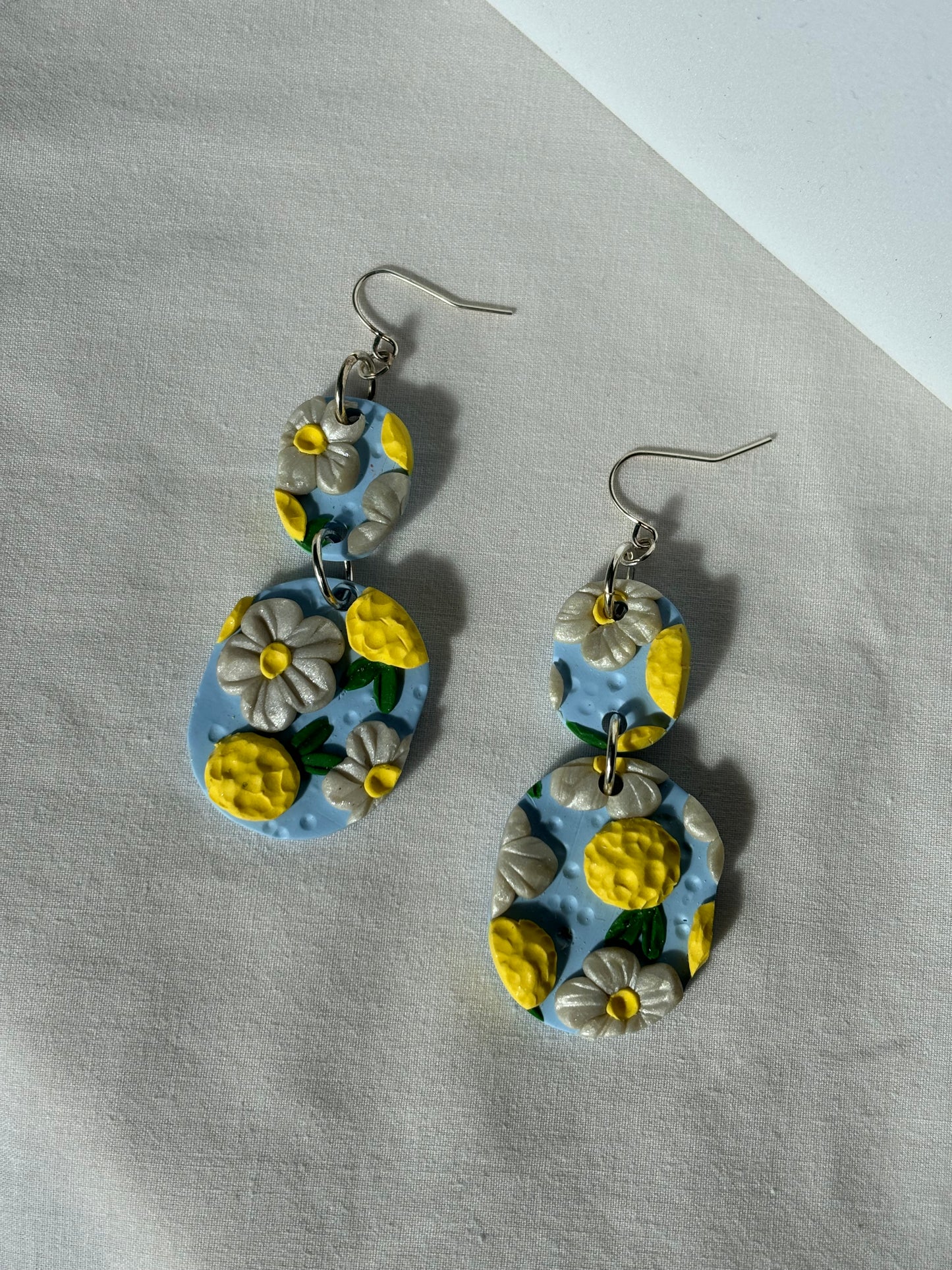Lemon White Flowers on Blue Polymer Clay Dangle Earrings