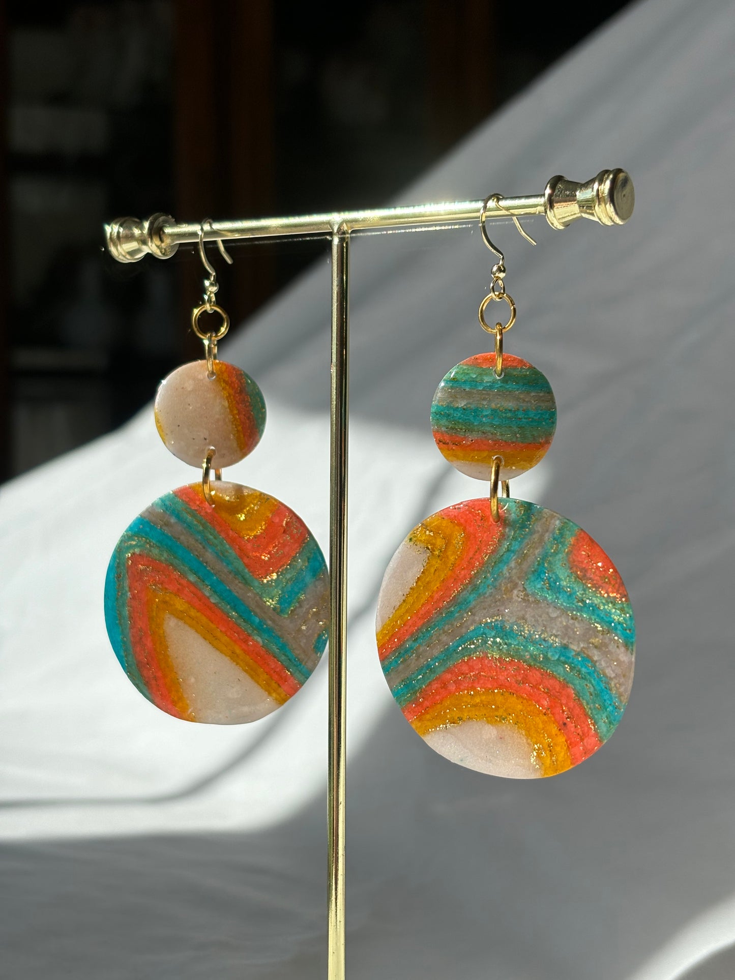 Swirl Colorful Blue Orange Sparkle Translucent 70s Stacked Circle Polymer Clay Dangle Earrings