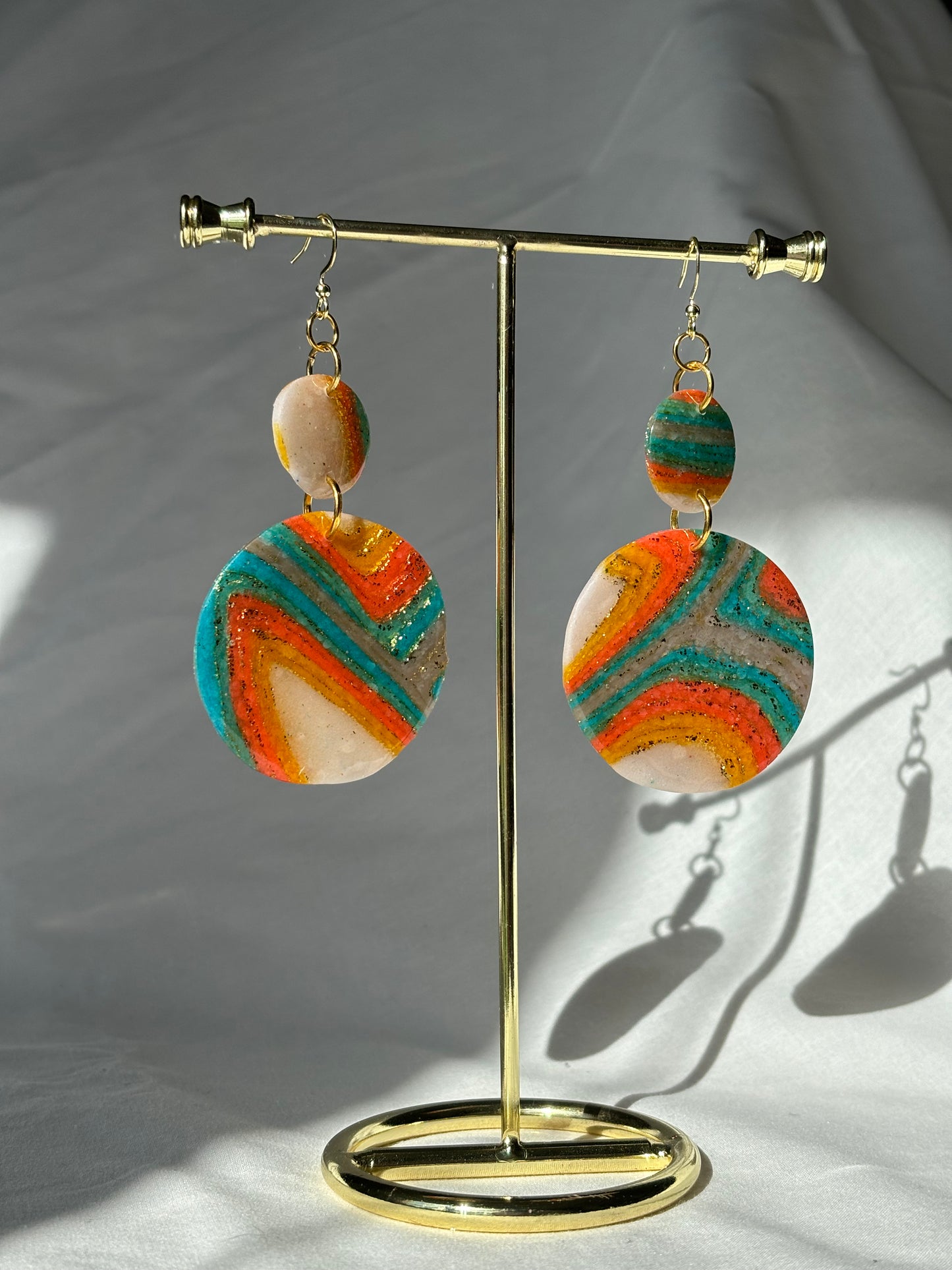 Swirl Colorful Blue Orange Sparkle Translucent 70s Stacked Circle Polymer Clay Dangle Earrings
