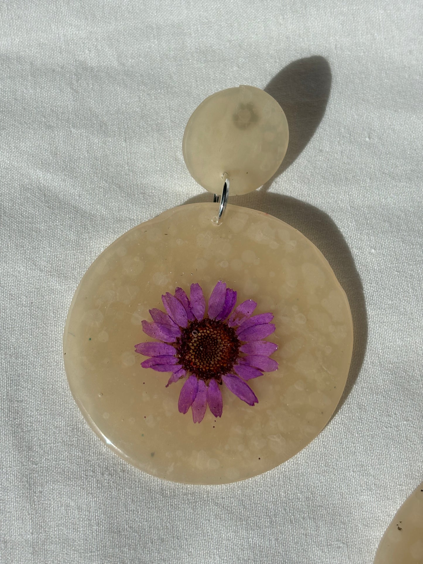Purple Pressed Daisy Flower Transparent Stacked Circle Polymer Clay Stud Earrings