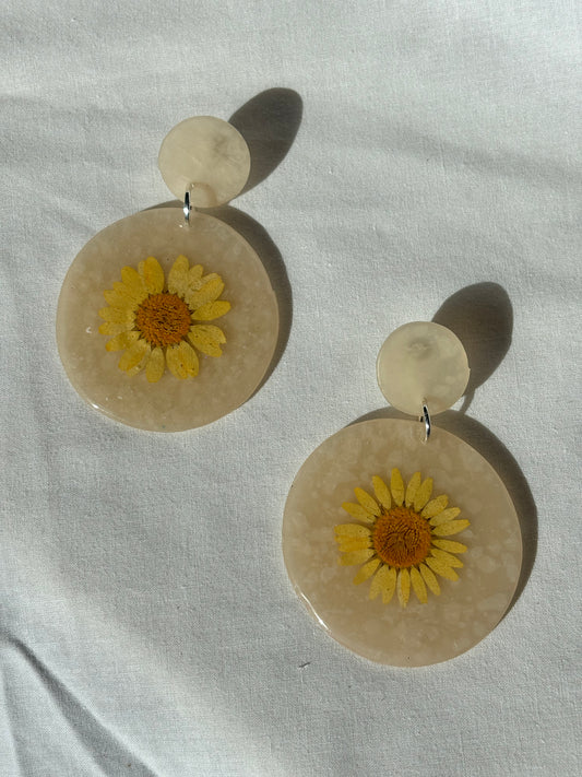 Yellow Pressed Daisy Flower Transparent Stacked Circle Polymer Clay Stud Earrings