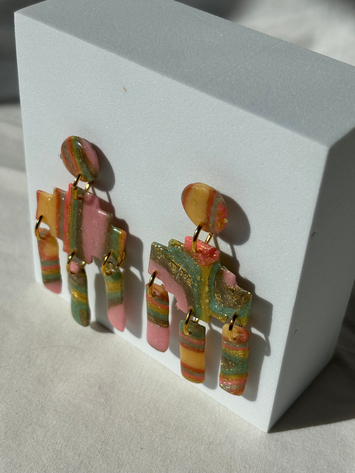 Multicolor Geometric Stacked Dangle Polymer Clay Earrings