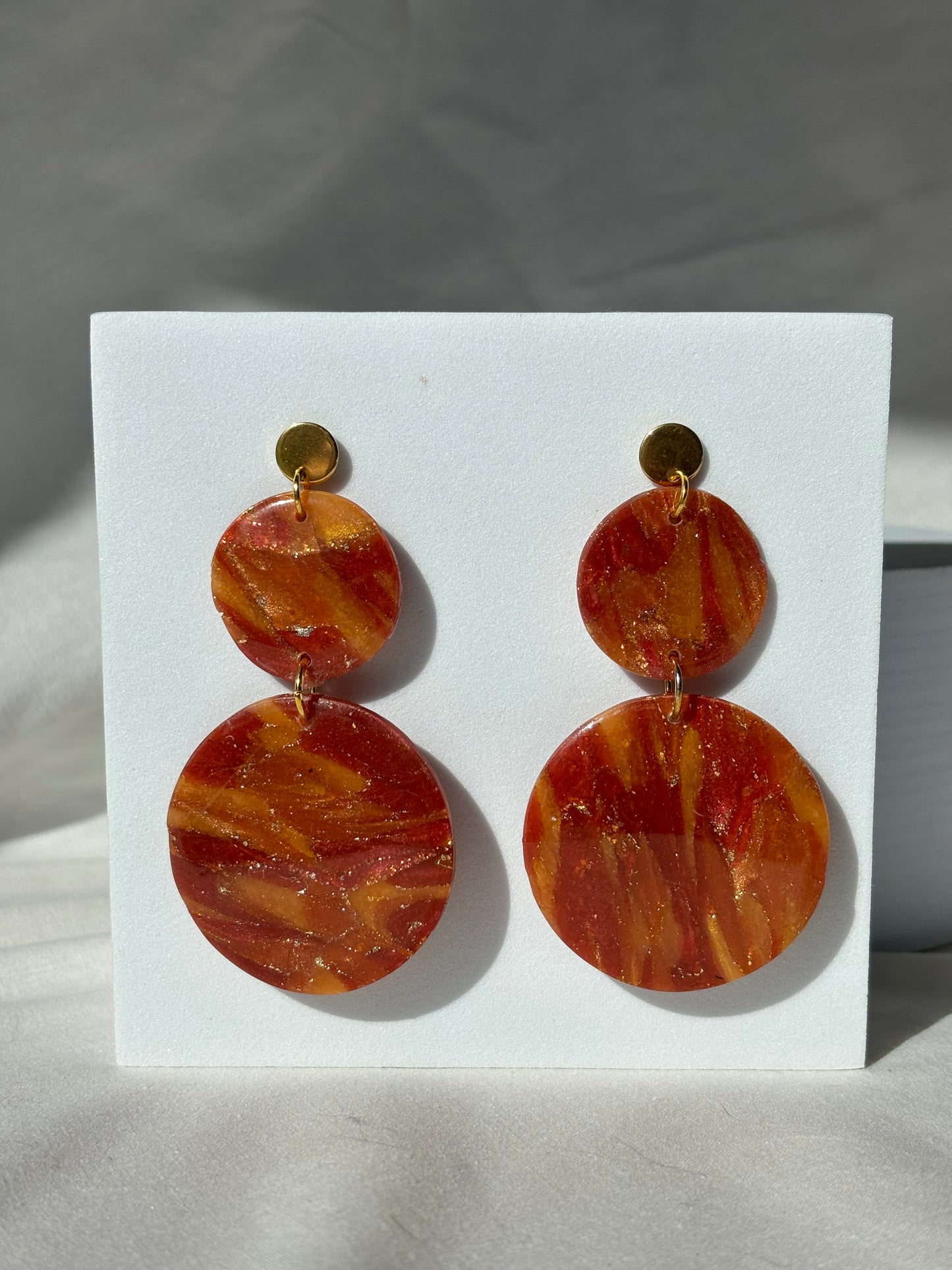 Maroon Gold Swirl Stacked Circle Dangle Stud Polymer Clay Earrings