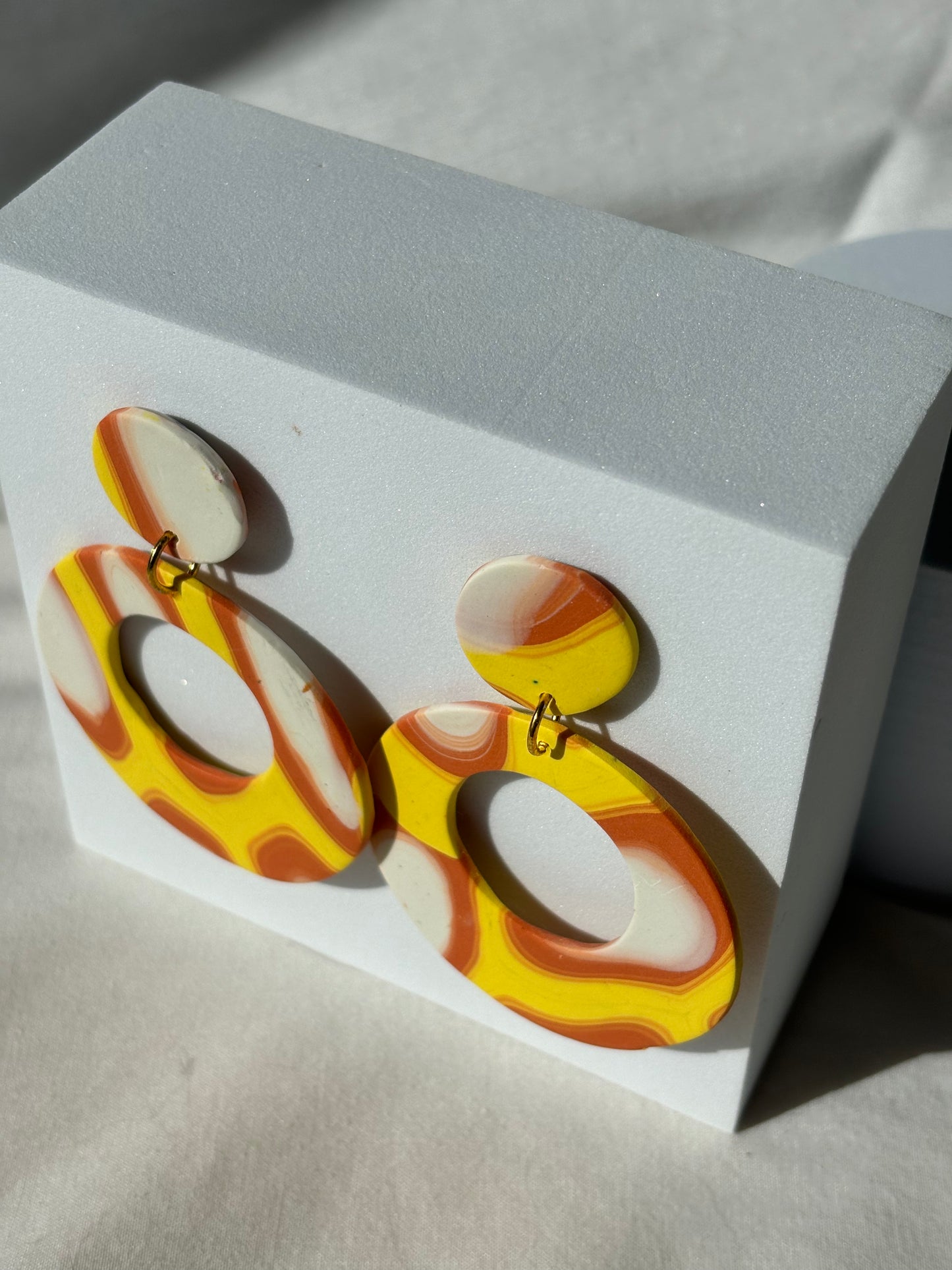 Yellow Orange White Circle Swirl 70s Circle Polymer Clay Stud Dangle Earrings
