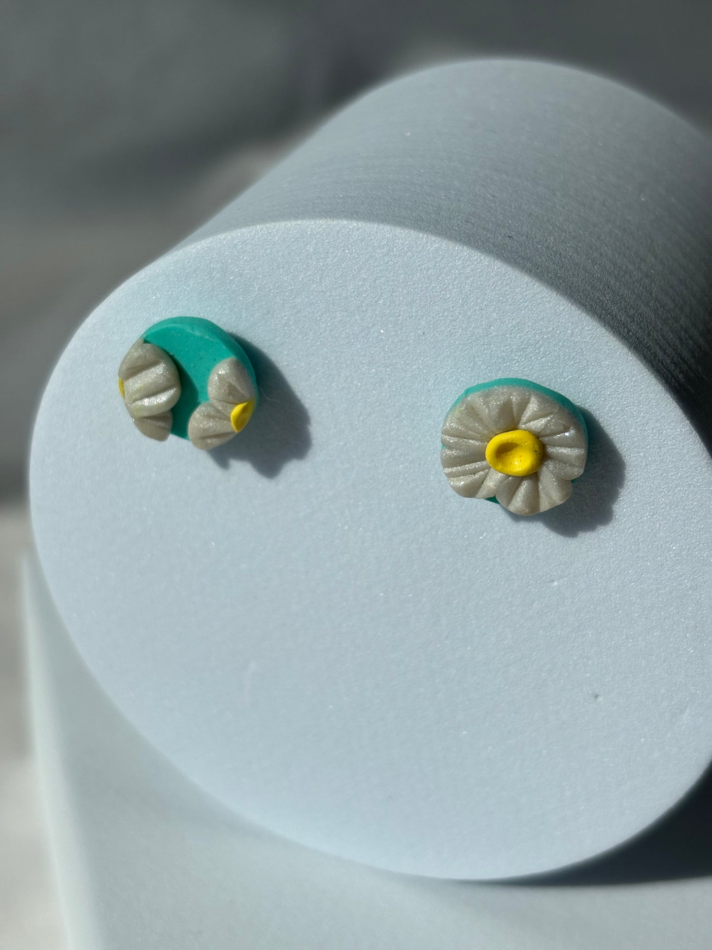 Blue White Flower Plant Polymer Clay Stud Earrings