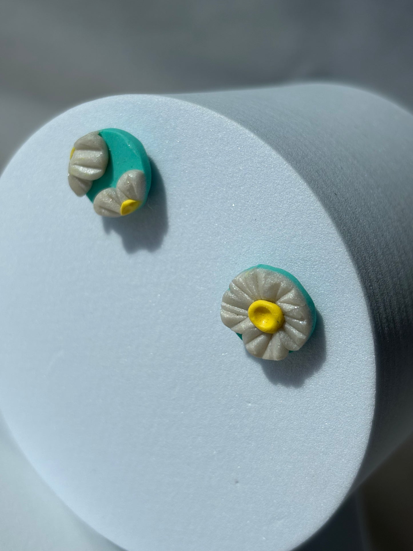 Blue White Flower Plant Polymer Clay Stud Earrings