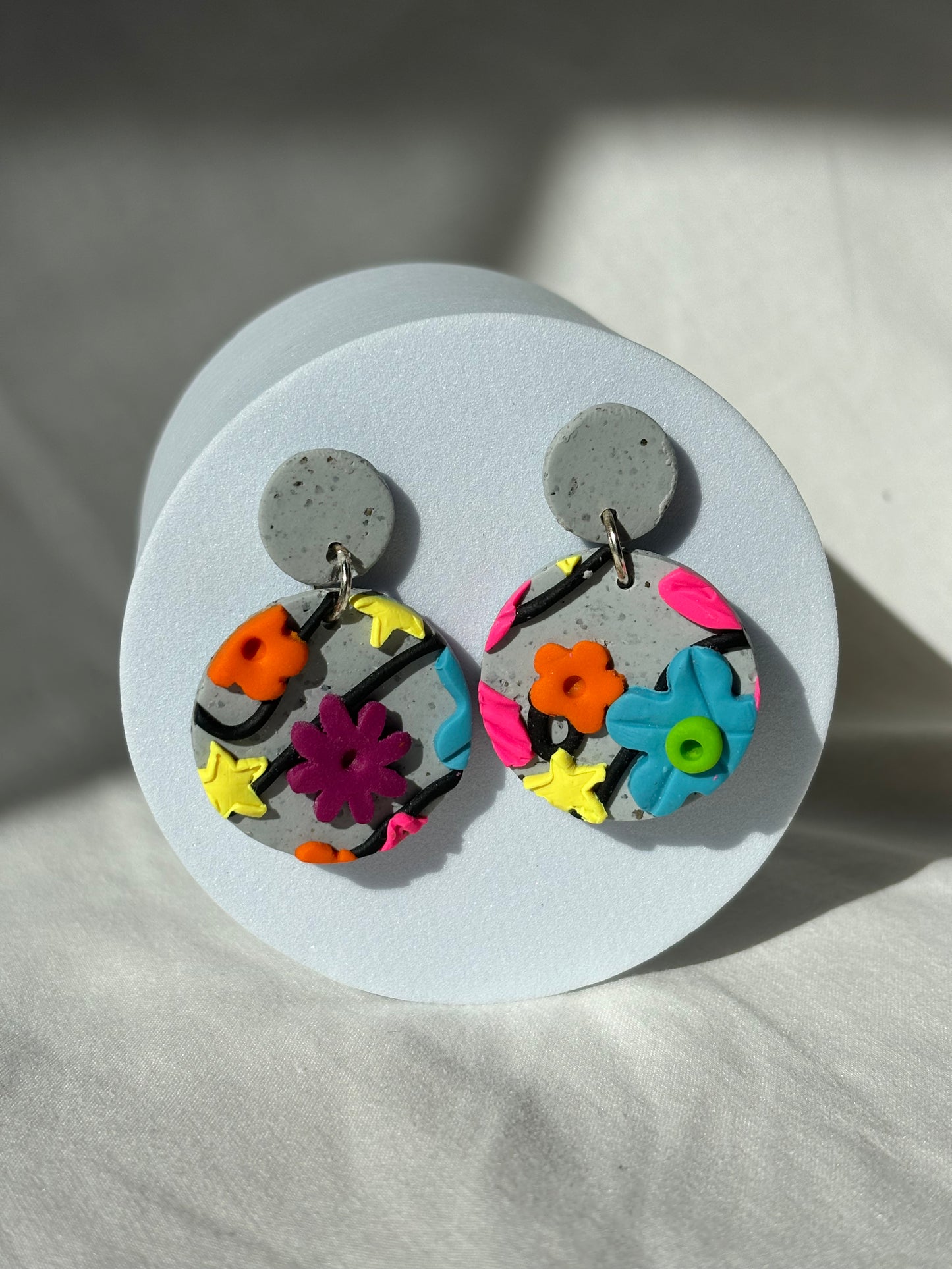 Neon Colorful Flowers On Stone Granite Handmade Polymer Clay Earrings