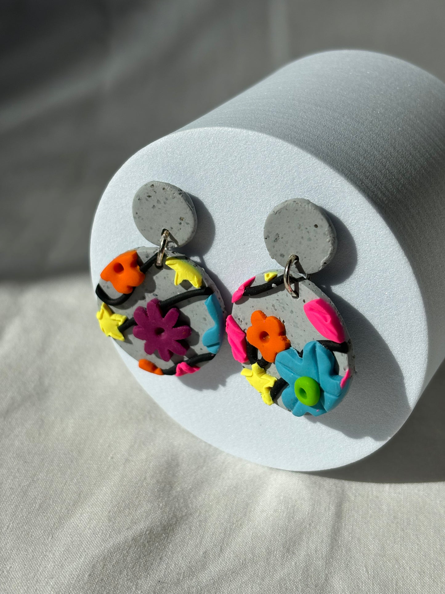 Neon Colorful Flowers On Stone Granite Handmade Polymer Clay Earrings