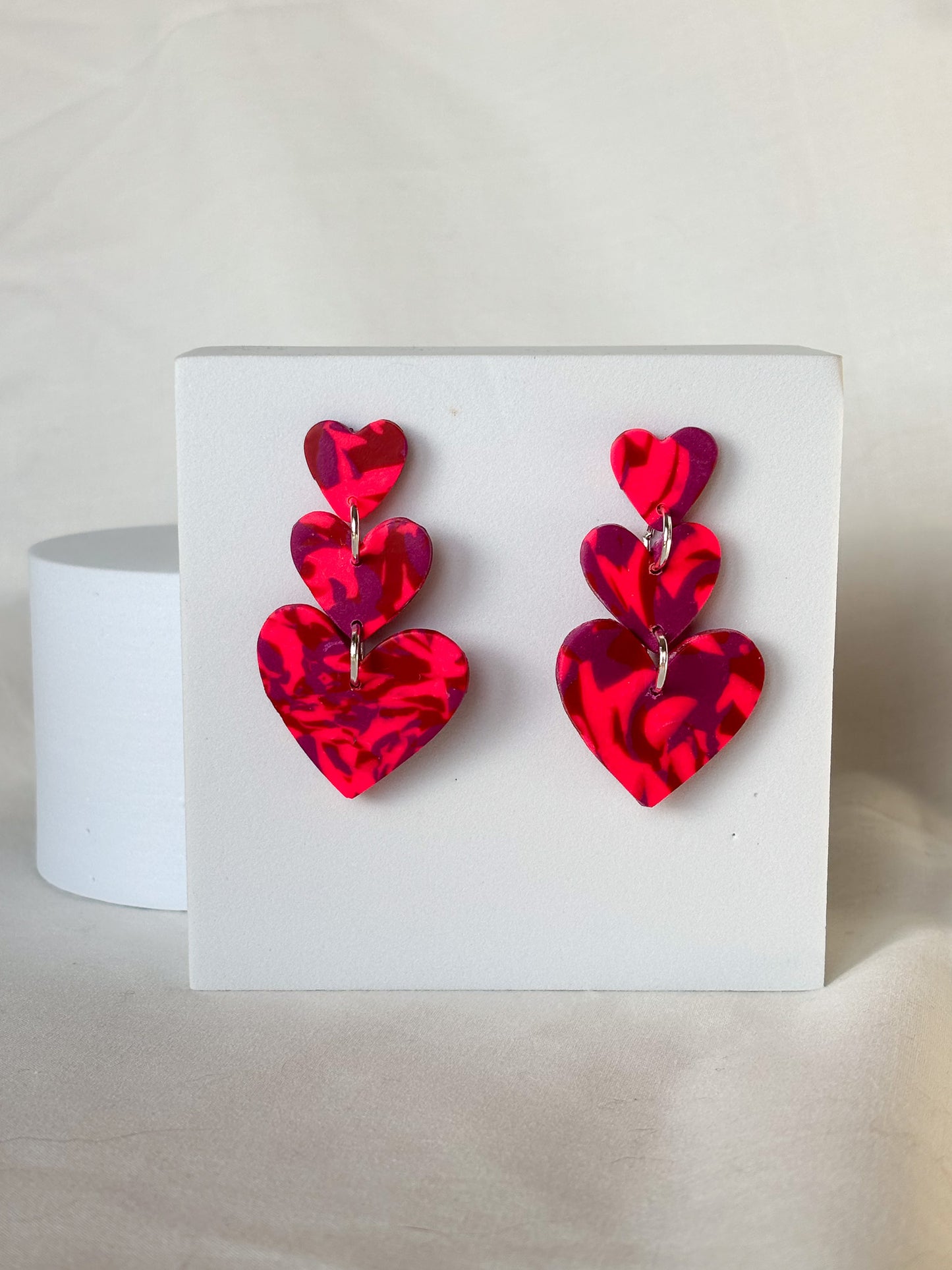Stacked Hearts Clay Purple Hot Pink Dangle Stud Earrings