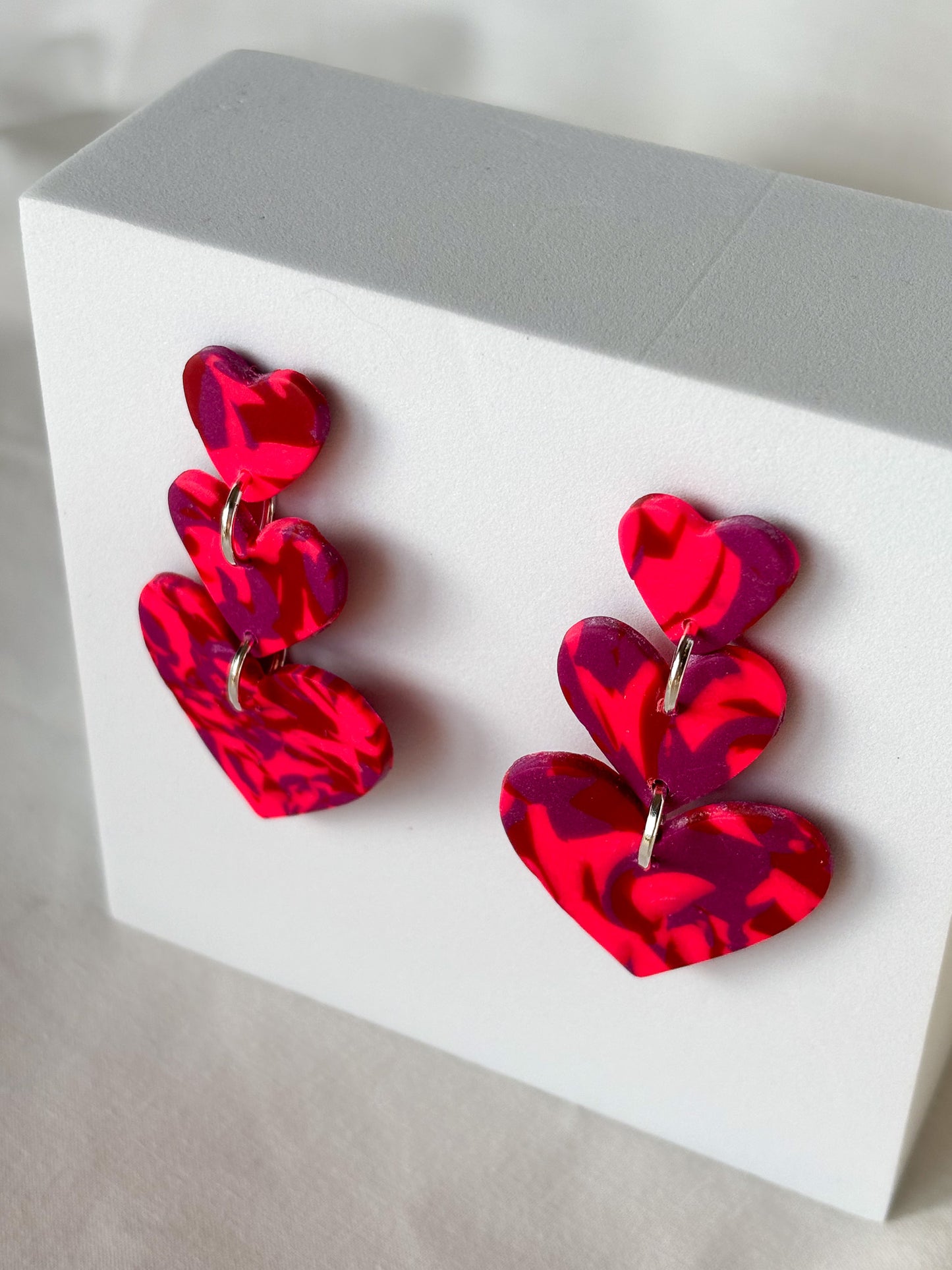 Stacked Hearts Clay Purple Hot Pink Dangle Stud Earrings