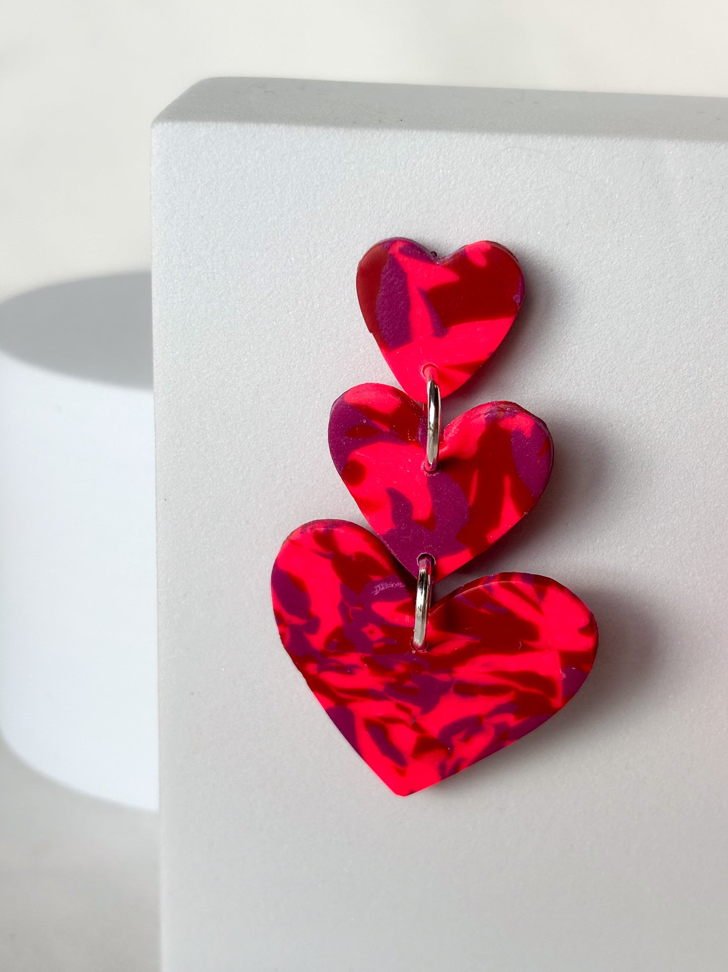 Stacked Hearts Clay Purple Hot Pink Dangle Stud Earrings