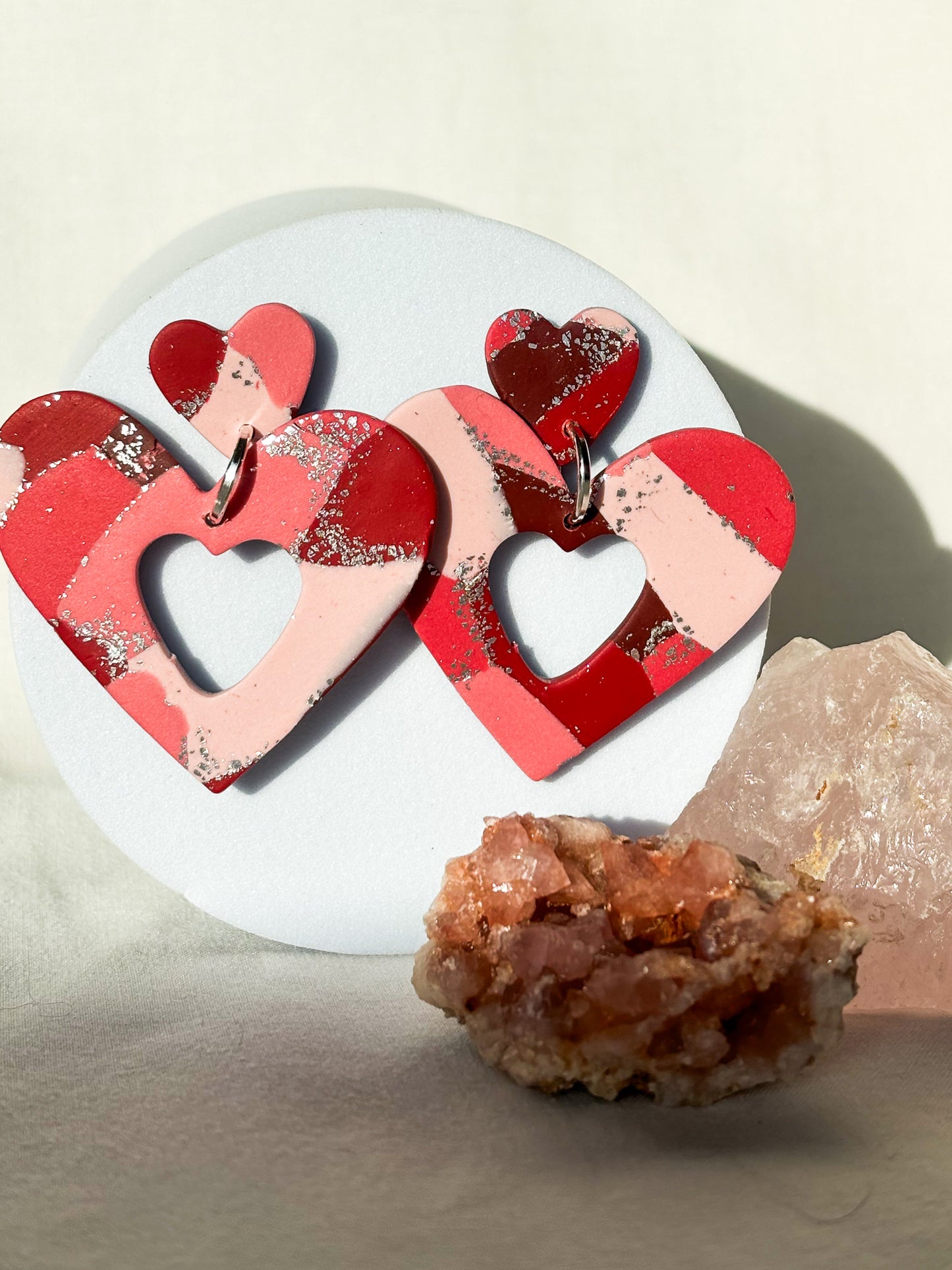 Patchwork Pinks Red Silver Stacked Heart Dangle Studs Clay Earrings