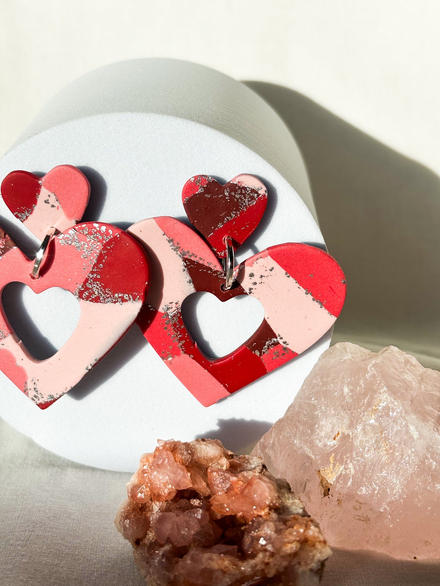 Patchwork Pinks Red Silver Stacked Heart Dangle Studs Clay Earrings