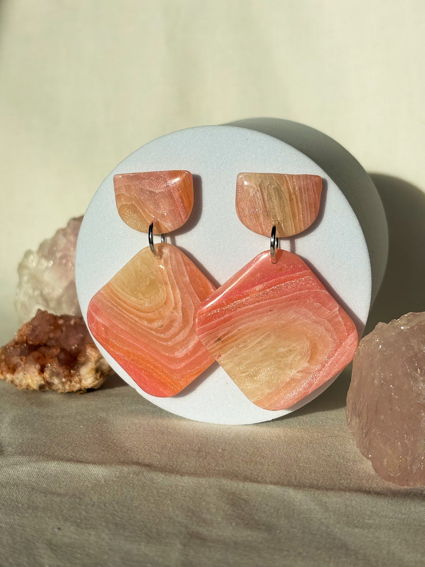 Soft Pink Swirled Clay Dangle Stud Earrings