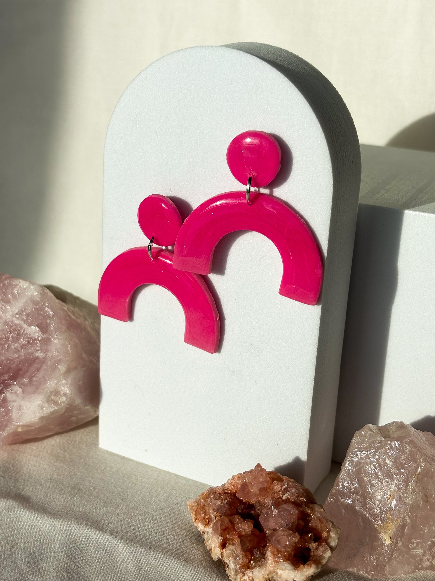Glow In The Dark Hot Pink Arch Clay Dangle Stud Earrings