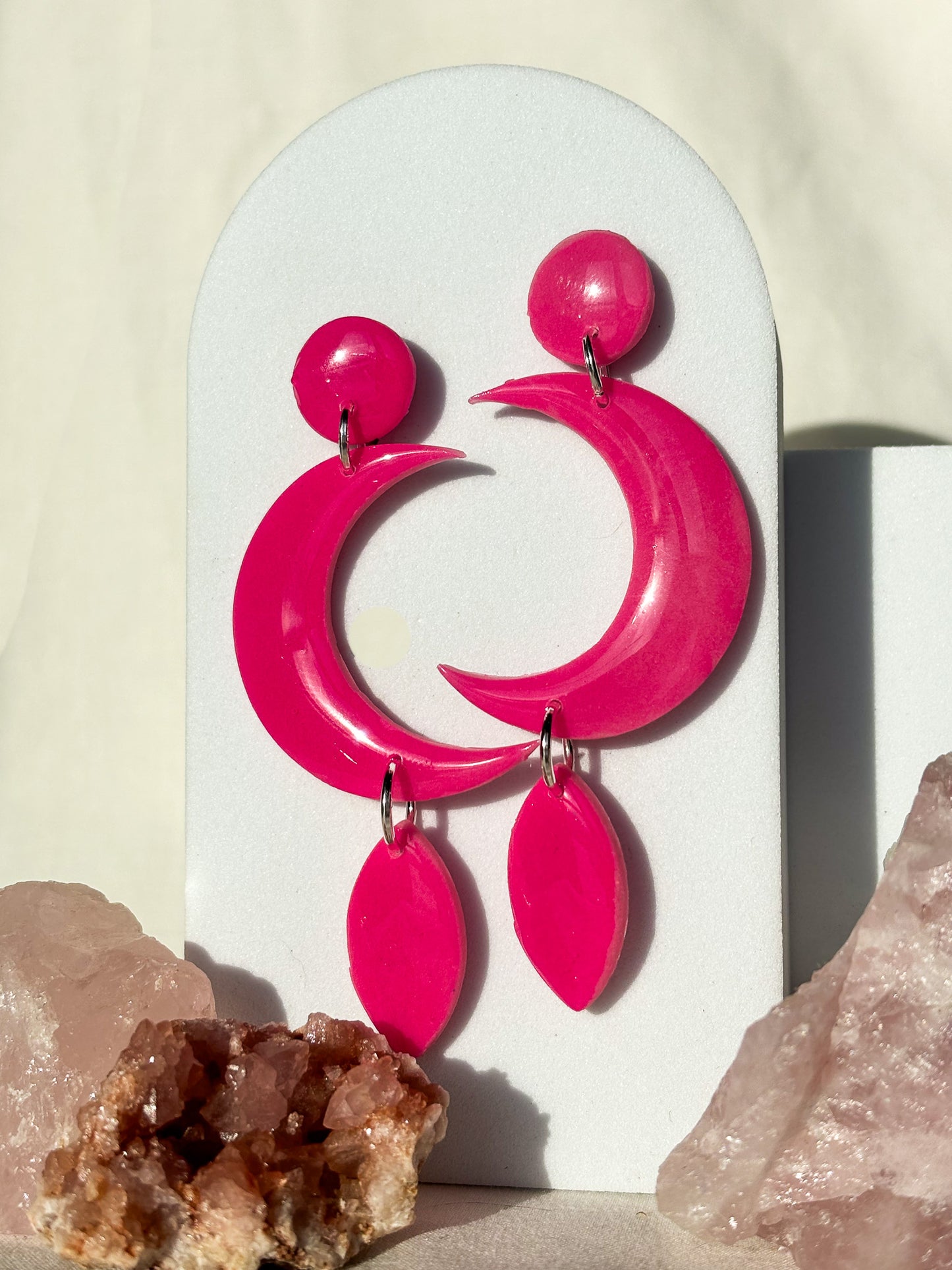Glow In The Dark Hot Pink Stacked Moon Clay Stud Dangle Earrings