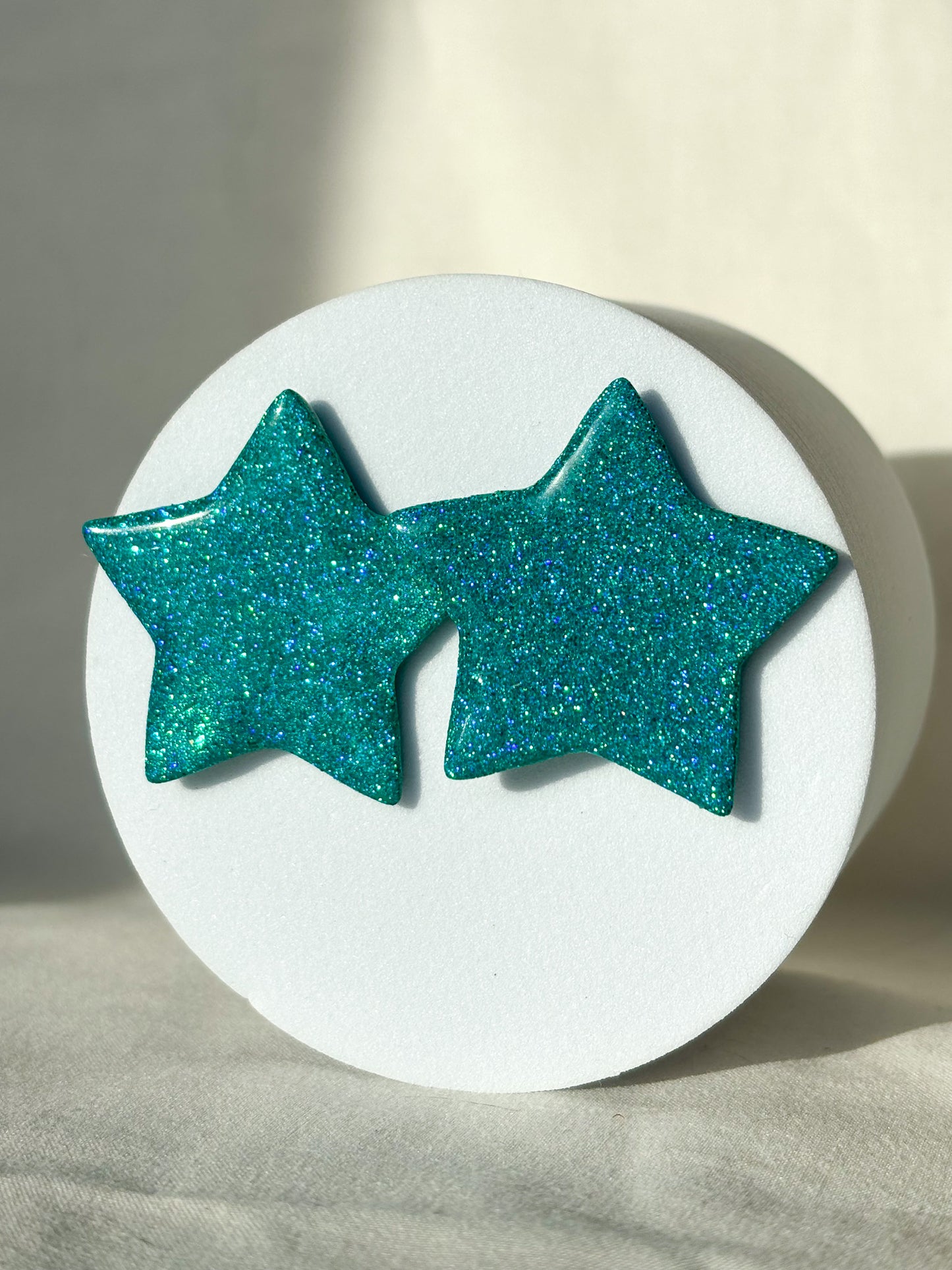 Sparkly Glitter Large Star Teal Clay Stud Earrings