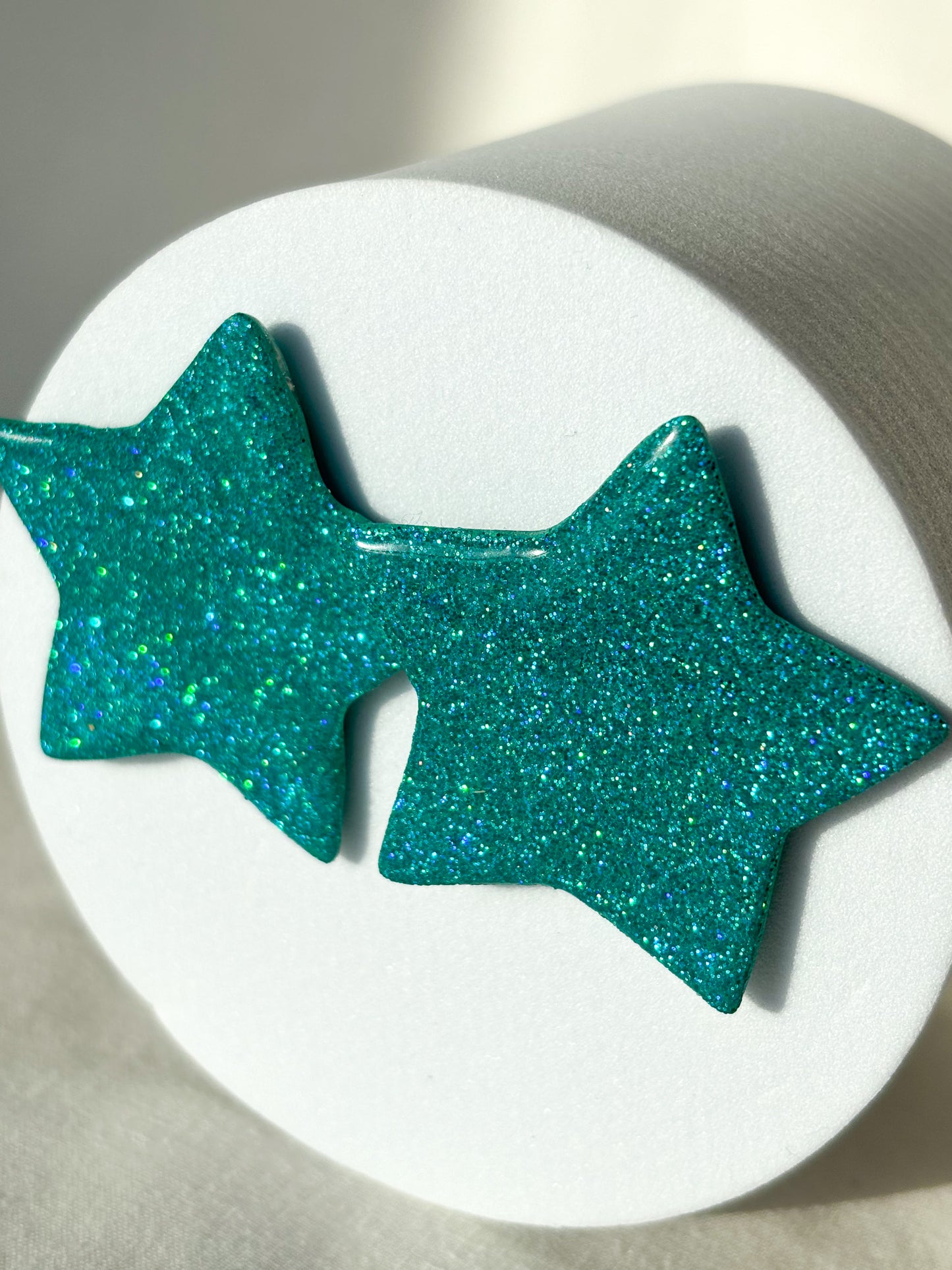 Sparkly Glitter Large Star Teal Clay Stud Earrings