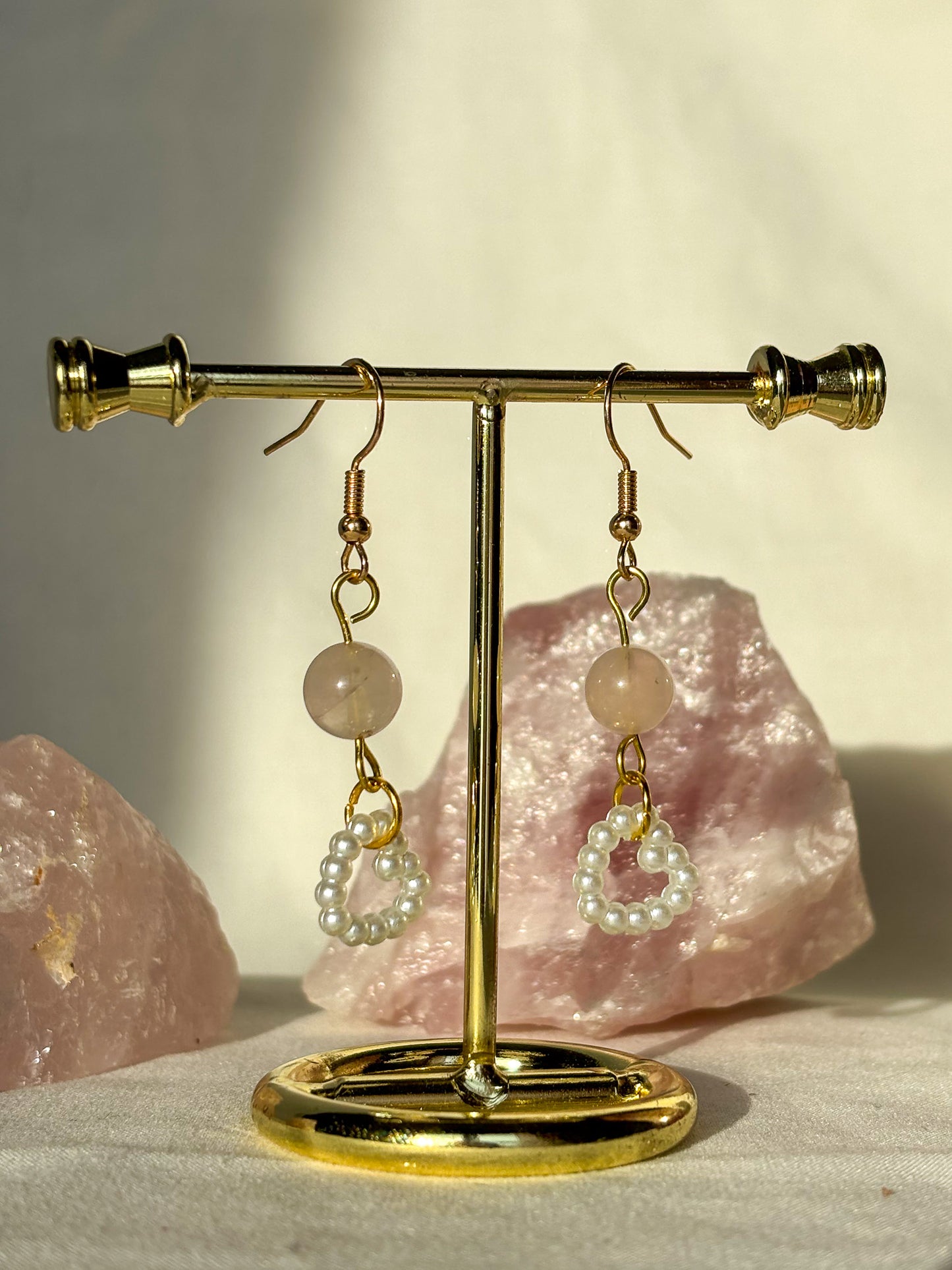 Rose Quartz Crystal Pearl Heart Beaded Dangle Earrings