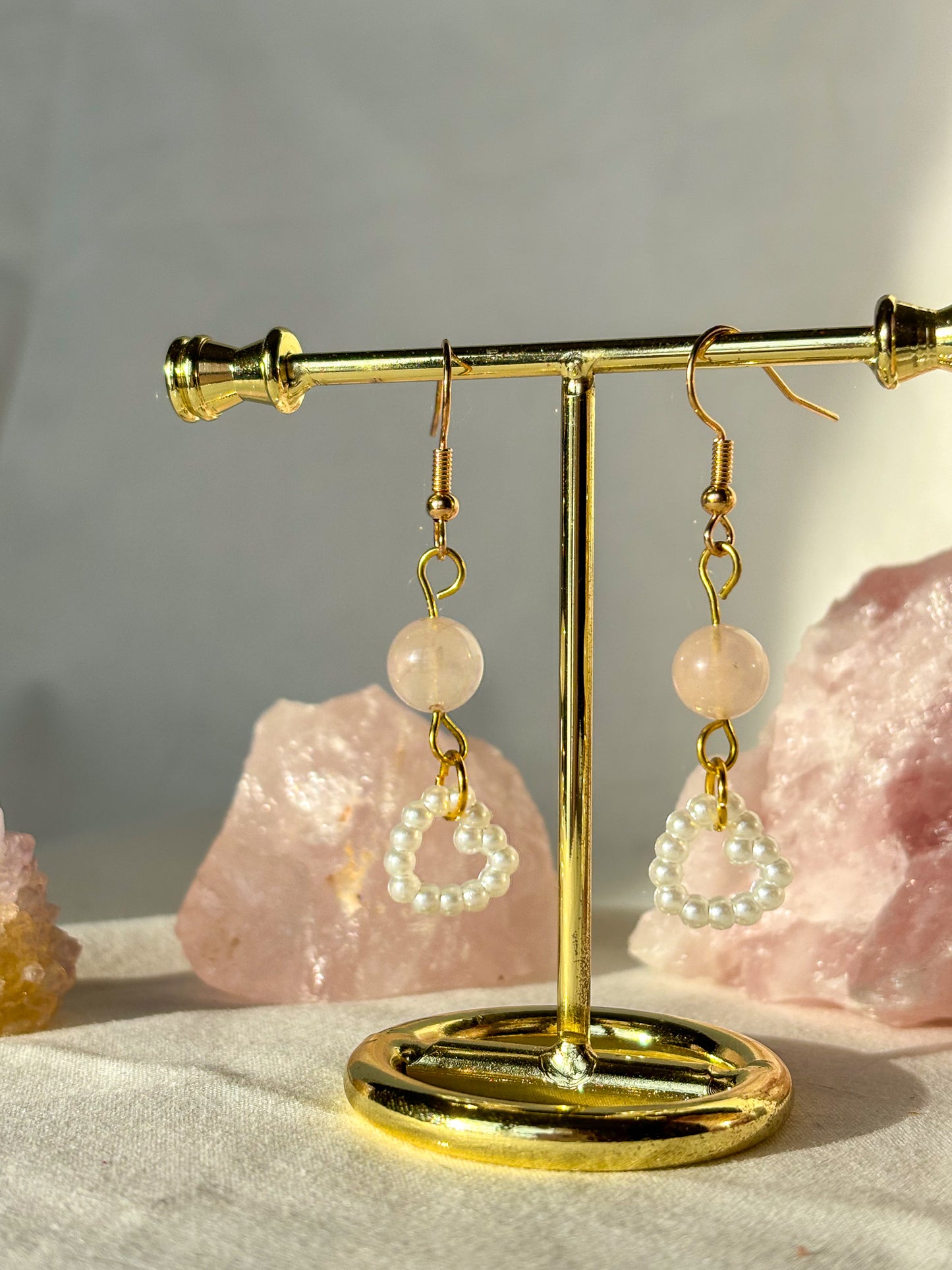 Rose Quartz Crystal Pearl Heart Beaded Dangle Earrings