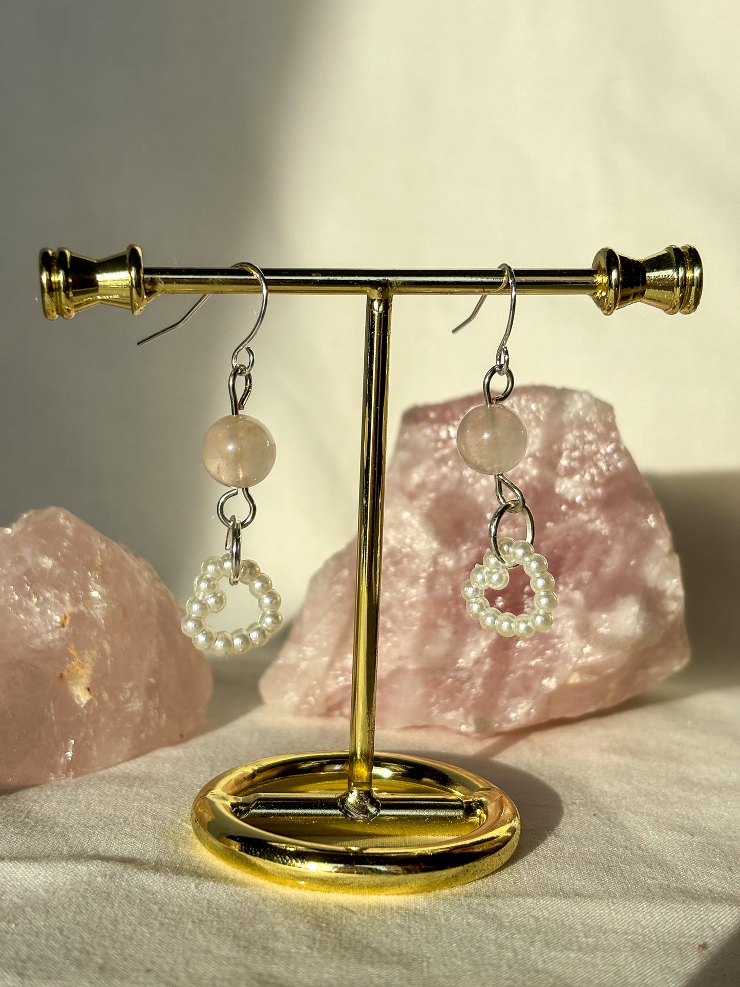 Rose Quartz Crystal Pearl Heart Beaded Dangle Earrings