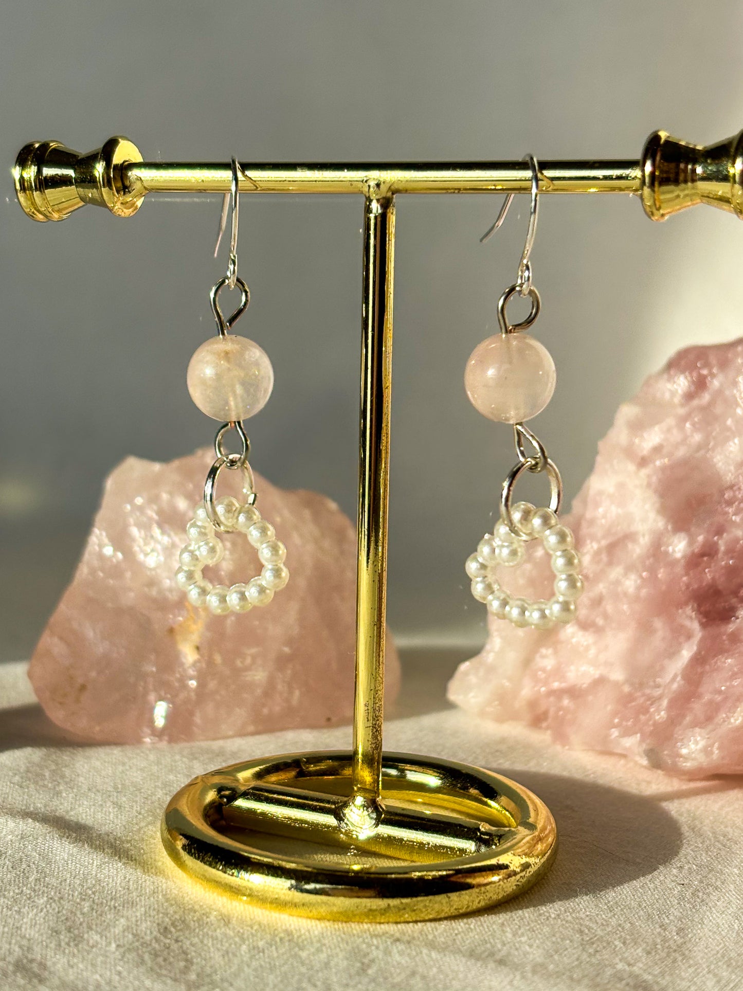 Rose Quartz Crystal Pearl Heart Beaded Dangle Earrings