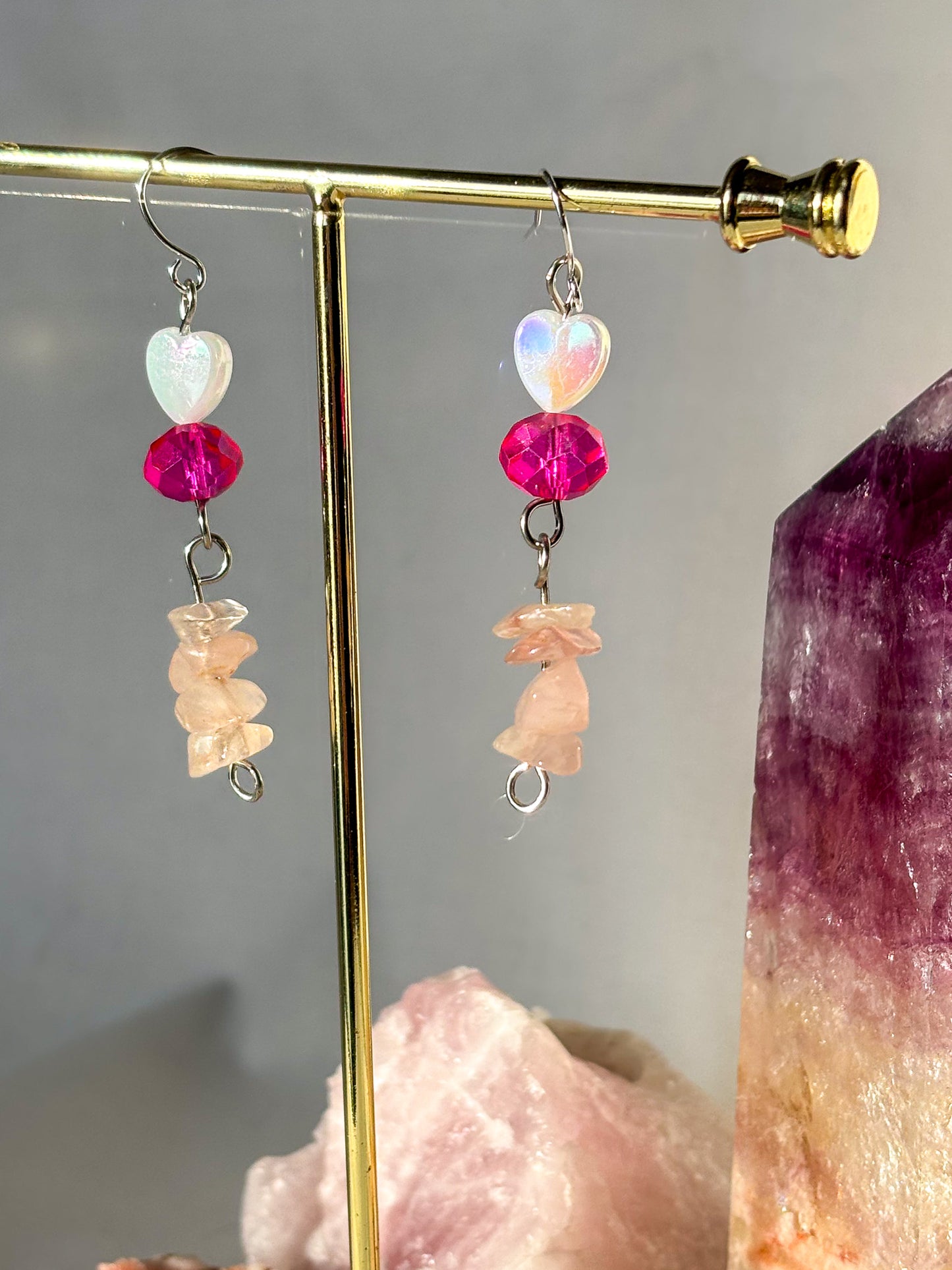 Rose Quartz Pink Heart Dangle Earrings