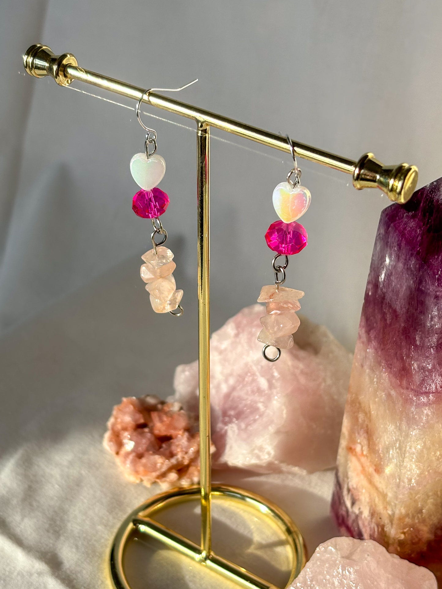 Rose Quartz Pink Heart Dangle Earrings