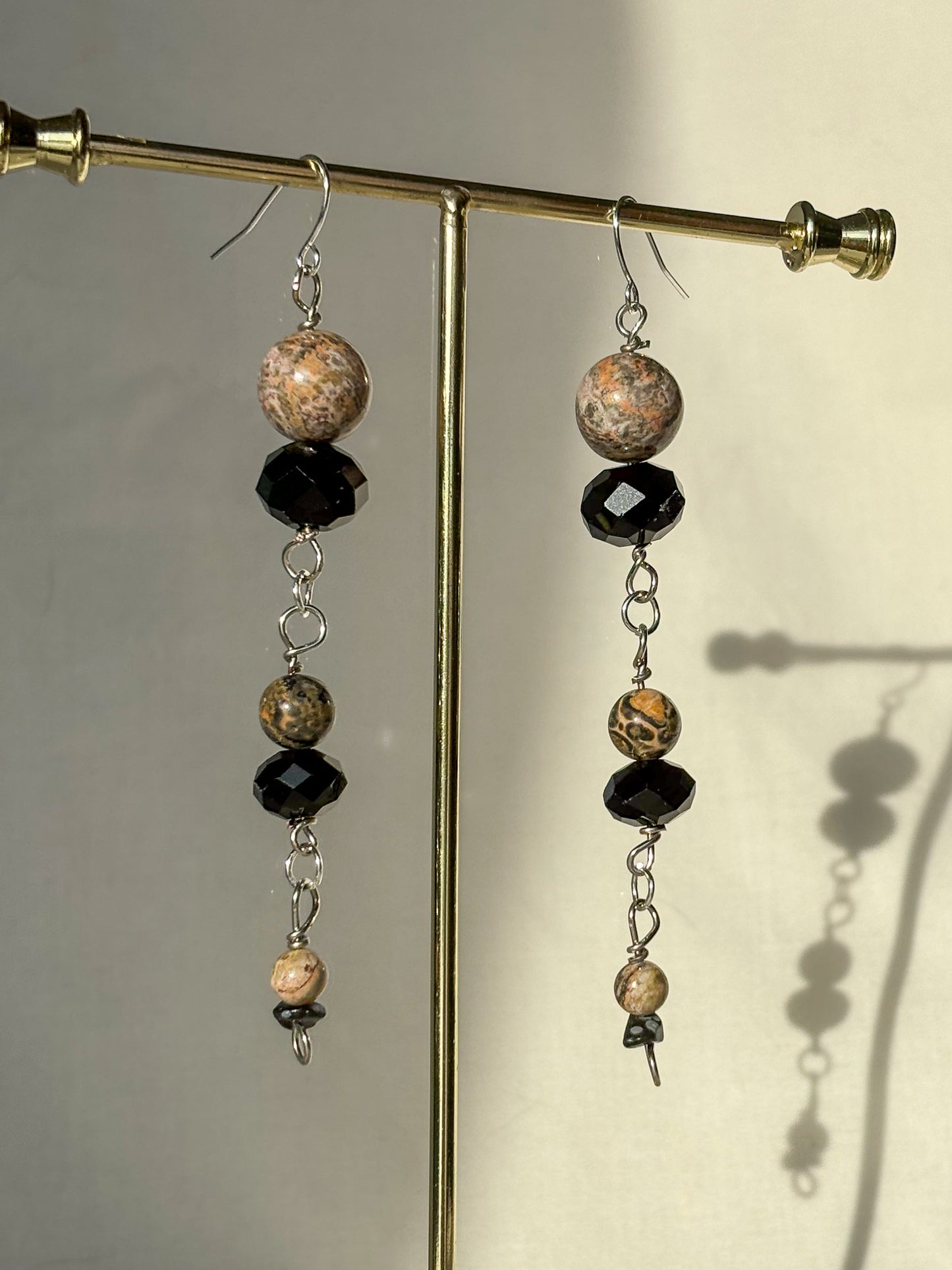 Leopard Skin Jasper Crystal Black Shimmer Beaded Earrings