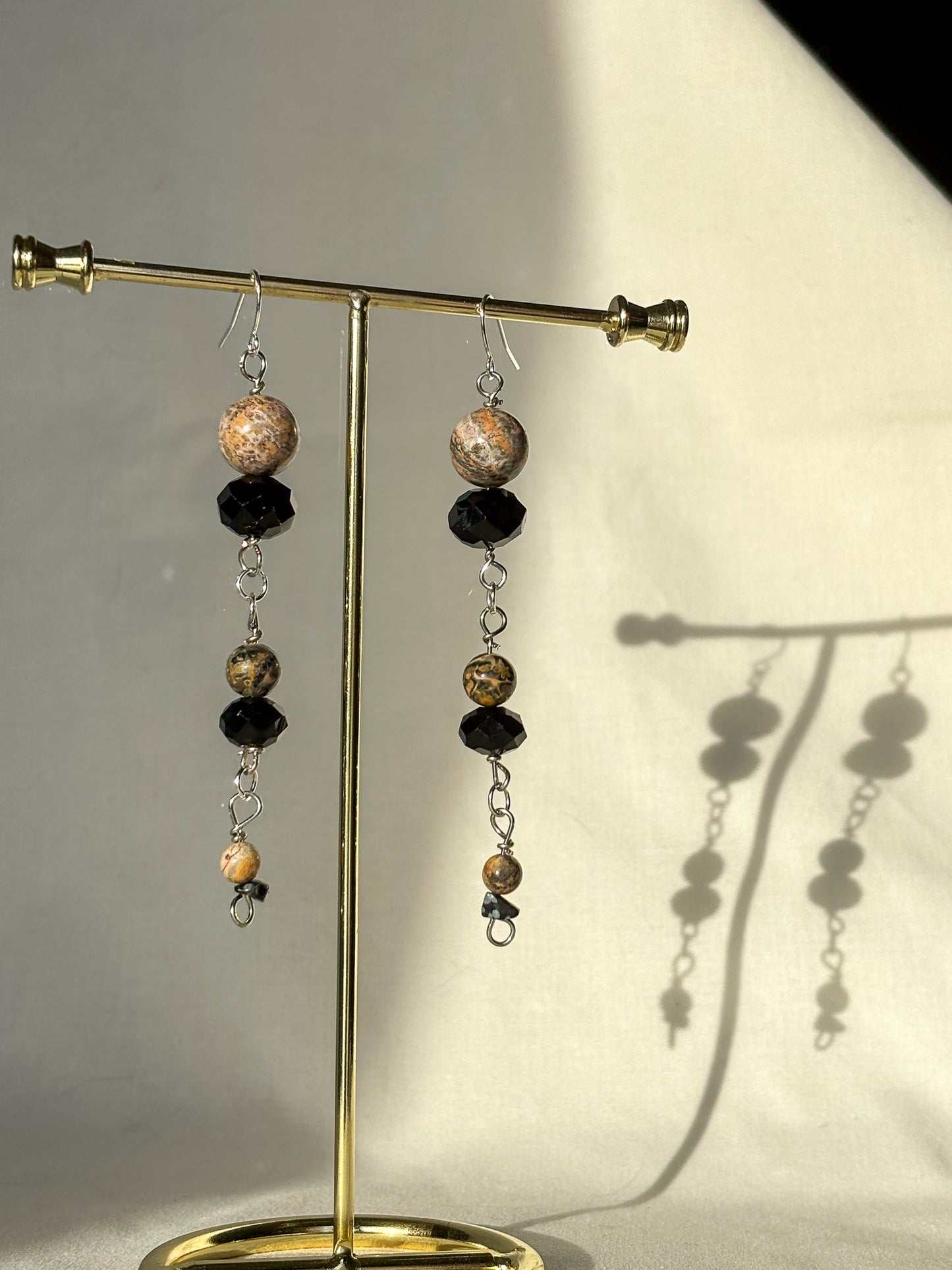 Leopard Skin Jasper Crystal Black Shimmer Beaded Earrings