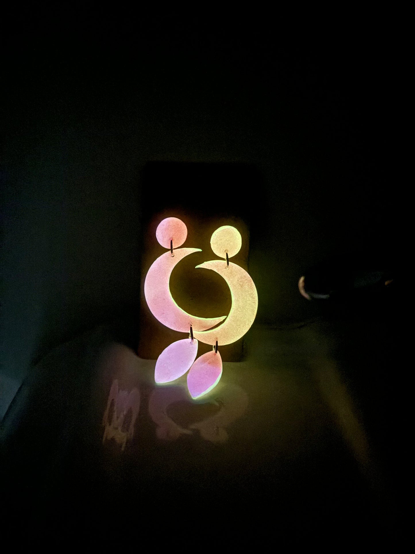 Glow In The Dark Hot Pink Stacked Moon Clay Stud Dangle Earrings