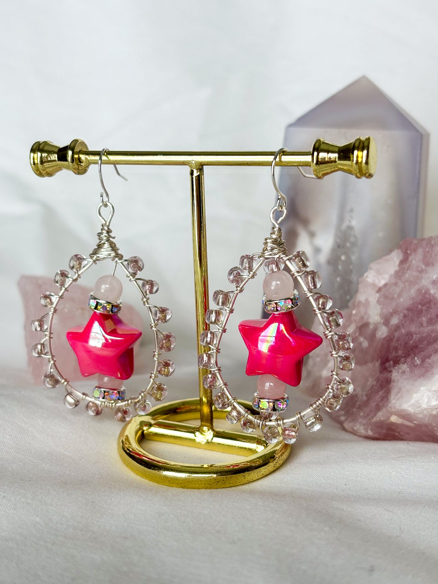 Teardrop Pink Star Rose Quartz Beaded Dangle Earrings
