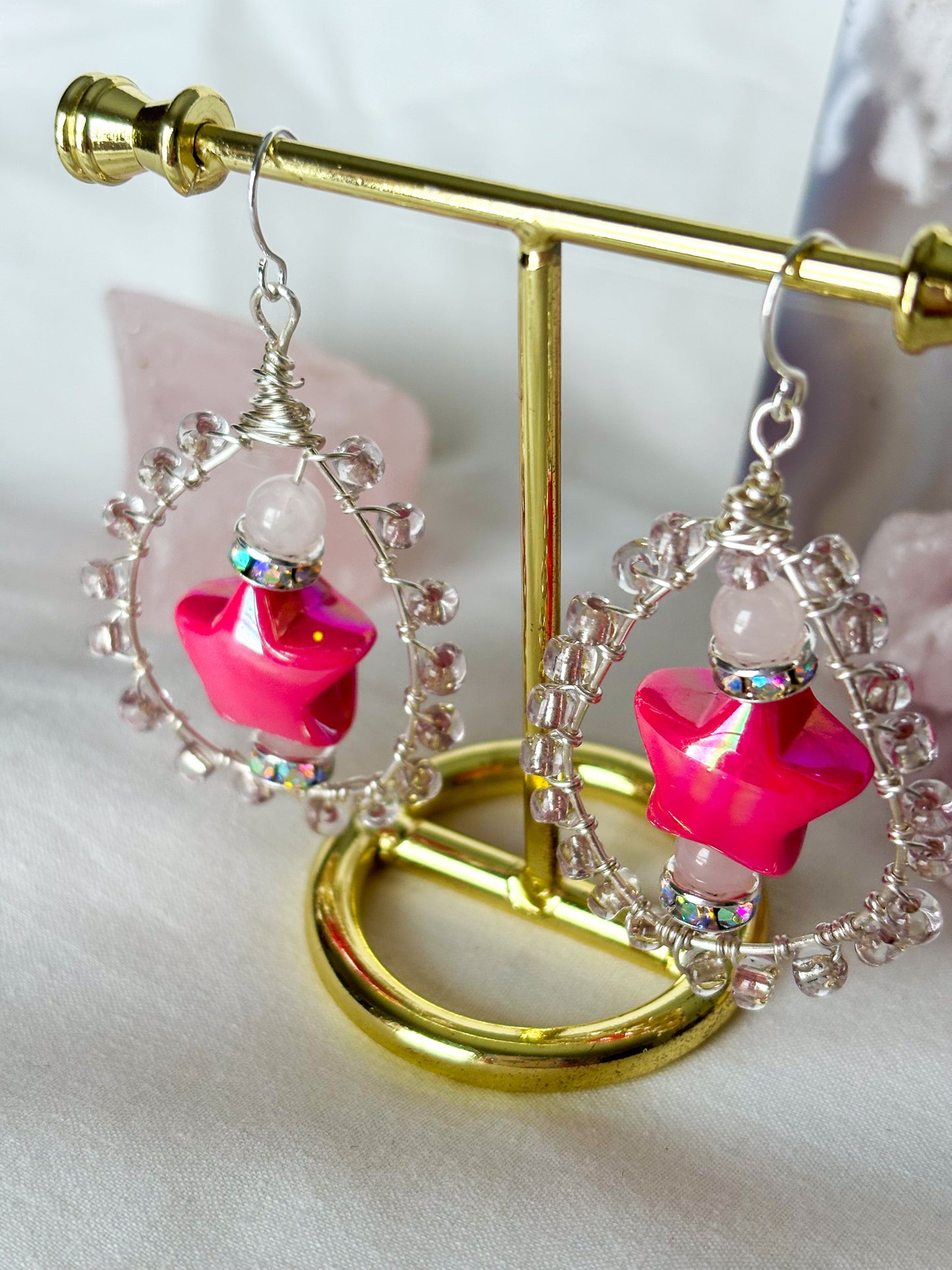Teardrop Pink Star Rose Quartz Beaded Dangle Earrings