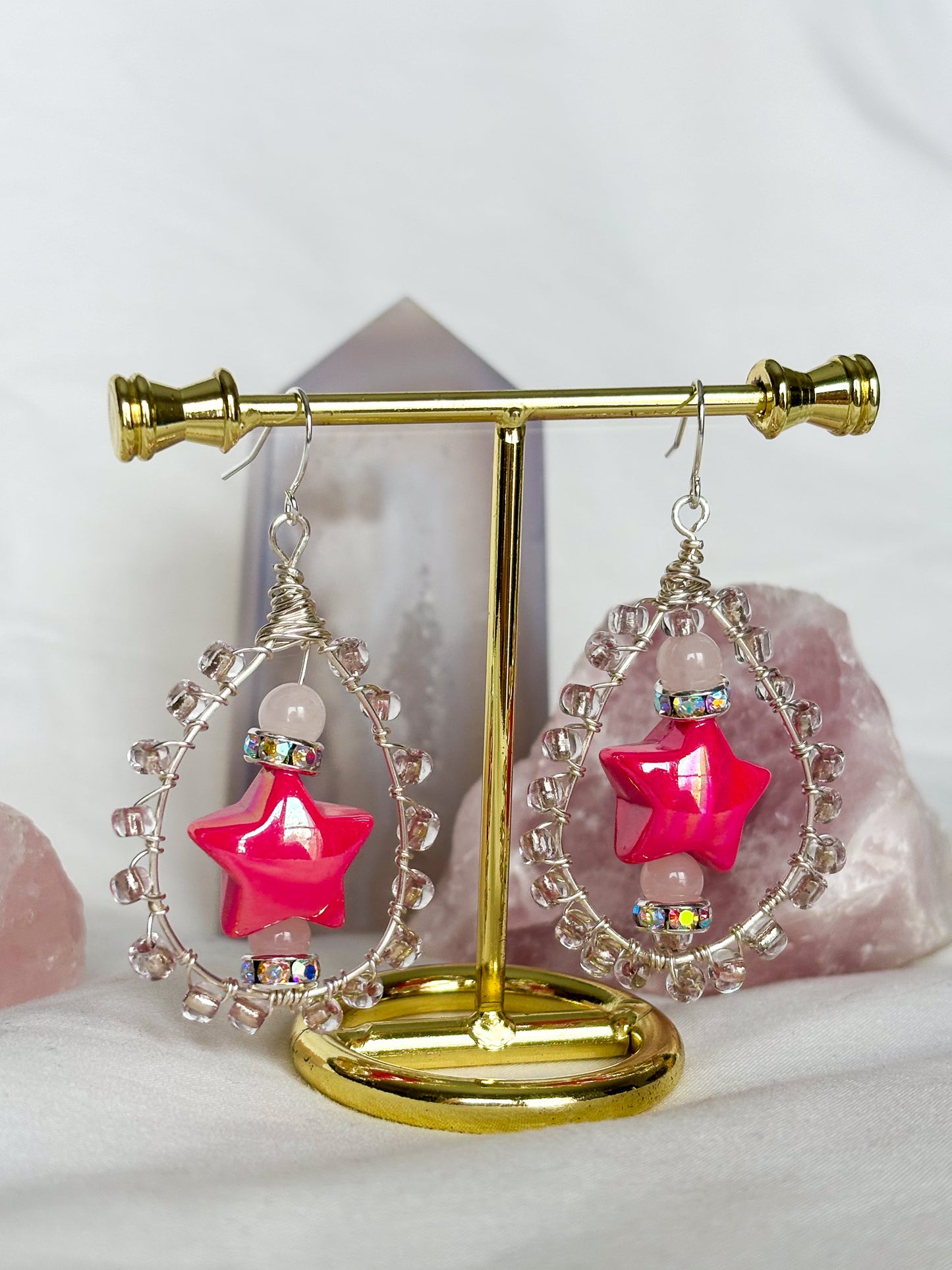 Teardrop Pink Star Rose Quartz Beaded Dangle Earrings